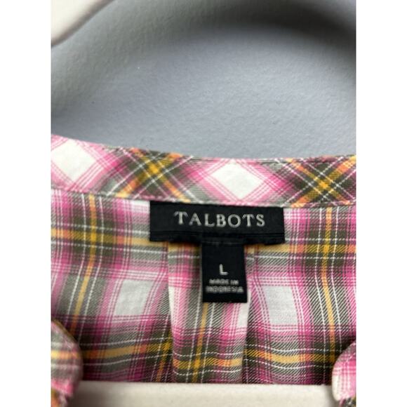 Talbots Top Womens Large Popover V-Neck Plaid Pink Pastel Lightweight Preppy - Picture 4 of 9